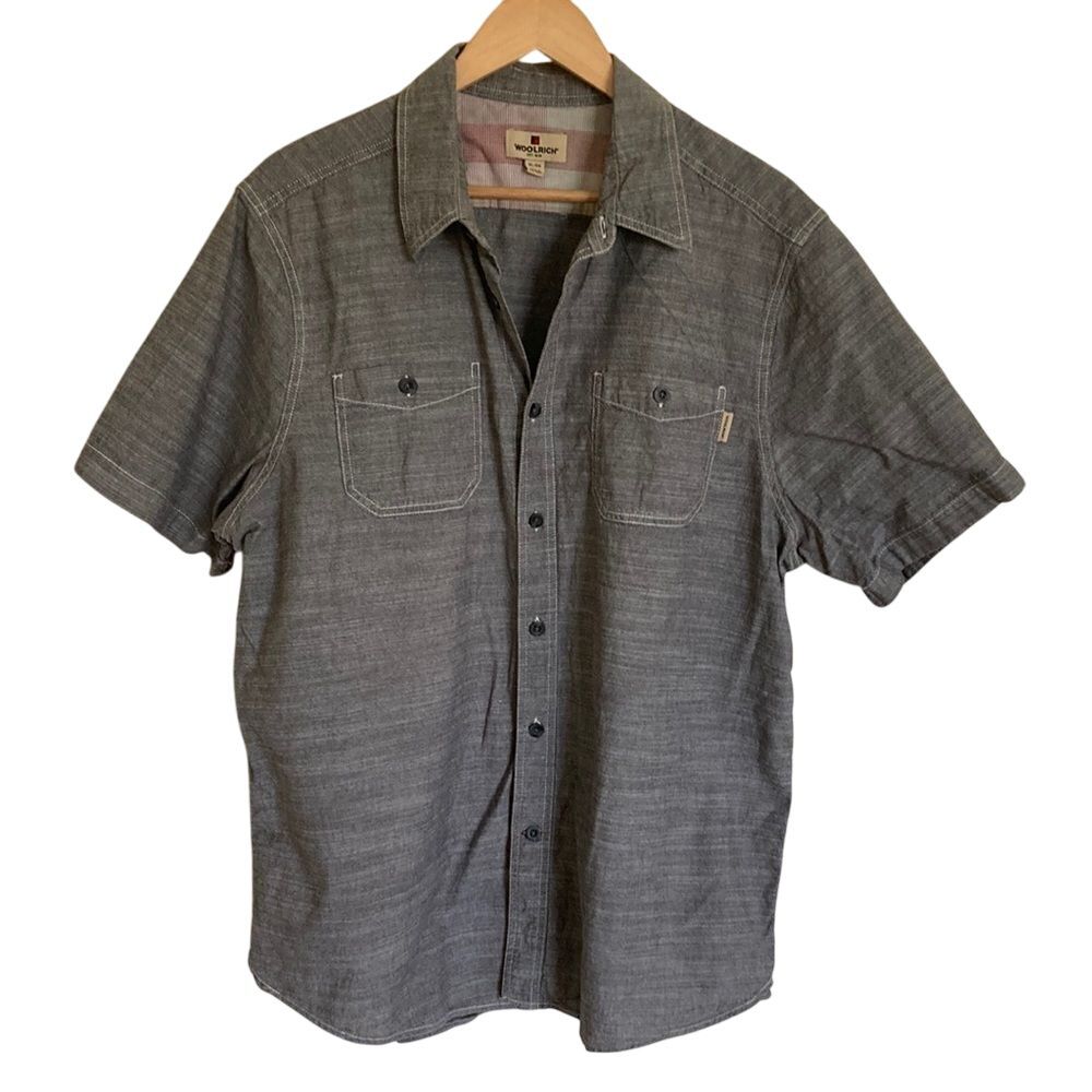 Woolrich Mens XL Gray Slub Cotton Short Sleeve Button Down Shirt HMT0530S